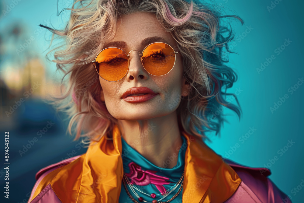 Joyful senior woman in orange sunglasses smiling and posing in stylish fashion outfit on isolated background Joyful senior woman in orange sunglasses smiling and posing in stylish fashion outfit on isolated background