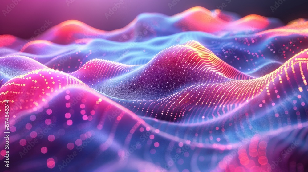 A close-up view of a digital landscape rendered in vibrant shades of pink, blue, and orange