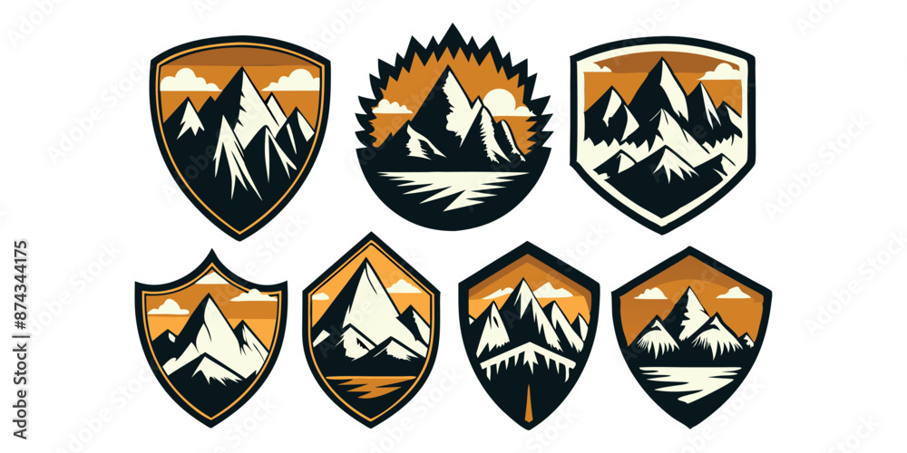 Obraz premium Vintage adventure and mountain expedition badges vector logo set. Camping badges.