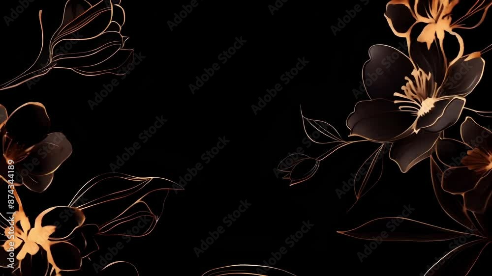 Golden flowers on a strict black background in art deco style with copy space. Fine lines and subtle shimmer create a sense of elegance