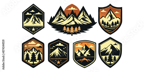 Vintage adventure and mountain expedition badges vector logo set. Camping badges.

