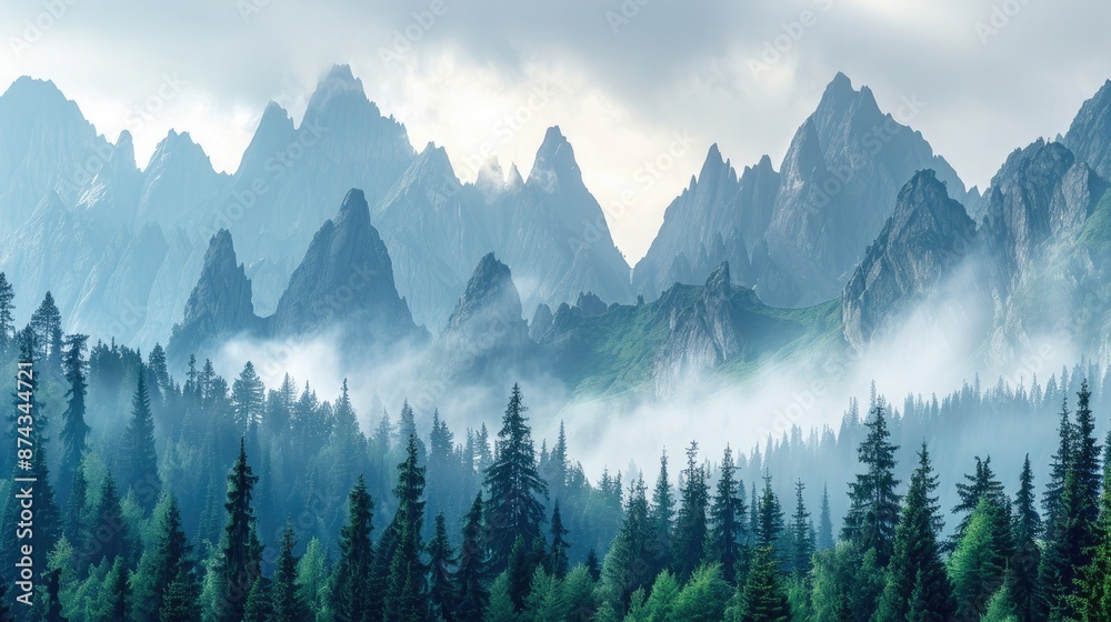 Obraz premium A serene mountain landscape with a range of jagged peaks and dense pine forests, blanketed in morning mist.