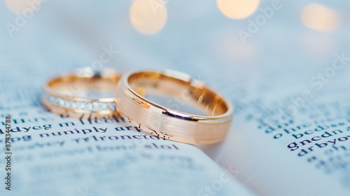 Elegant Gold Wedding Rings on Open Book. Symbols of Eternal Love and Commitment
