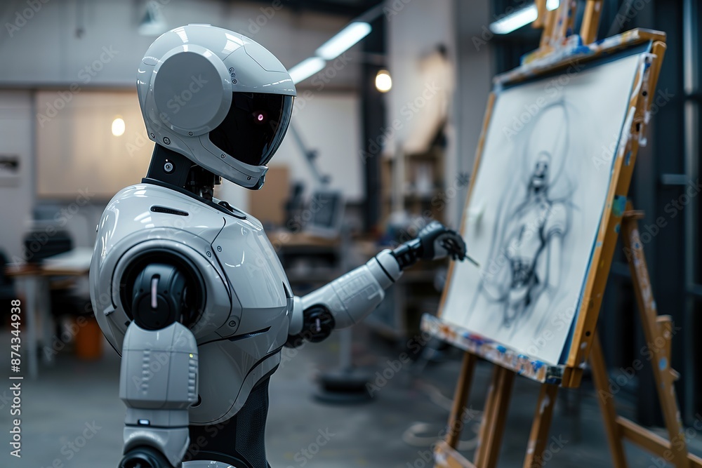 Robot artist sketching human figure on canvas in workshop Robot artist sketching human figure on canvas in workshop