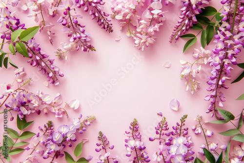 Cornice di fiori di glicine su sfondo rosa