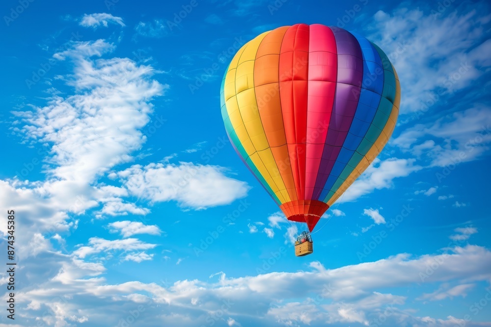 Colorful hot air balloon soaring in clear blue sky for thrilling adventurous escape