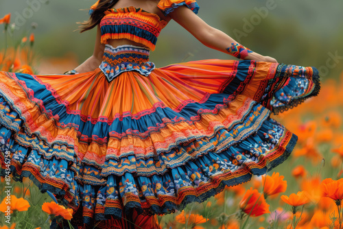 Mexican Woman Twirling in Traditional Dress with Orange and Blue Skirt in Mexican Landscape © btiger