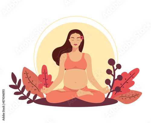 Happy pregnant woman sitting in lotus pose. Meditating pregnant female practicing perinatal yoga on nature background. Healthy pregnancy concept