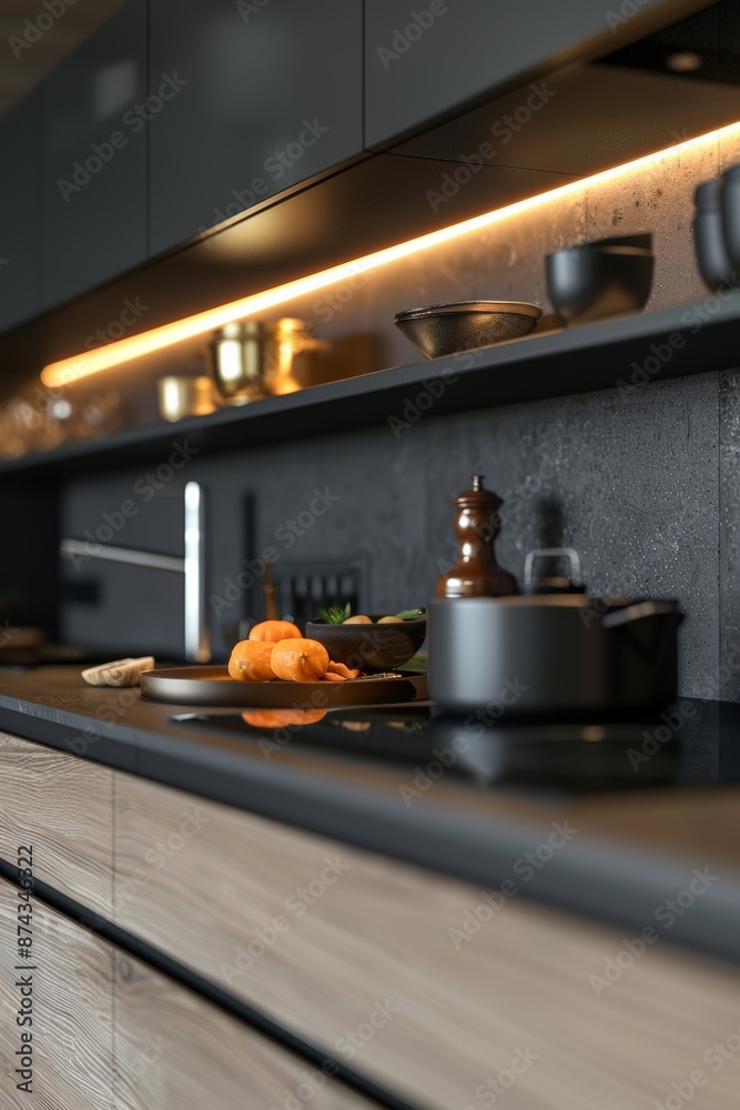 Close up of stylish kitchen with dark grey walls, concrete floor, black countertops and wooden cupboards. Close up of stylish kitchen with dark grey walls, concrete floor, black countertops and wooden cupboards.