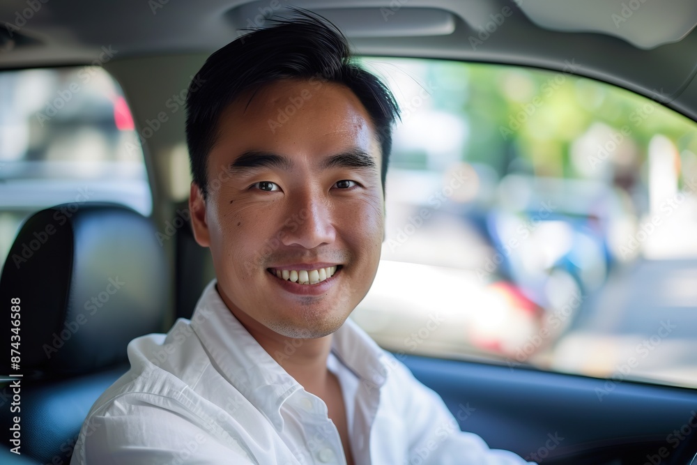 Smiling Asian man in white shirt sitting in car during daylight. Smiling Asian man in white shirt sitting in car during daylight.