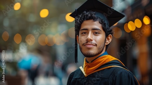 Proud Graduate in Cap and Gown Smiles for a Graduation Portrait
