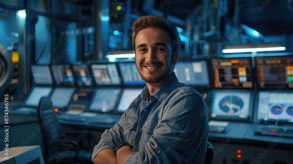 Obraz premium A man is smiling in front of a computer monitor