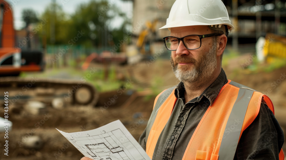 A man wearing a hard hat and safety vest is looking at a piece of paper A man wearing a hard hat and safety vest is looking at a piece of paper
