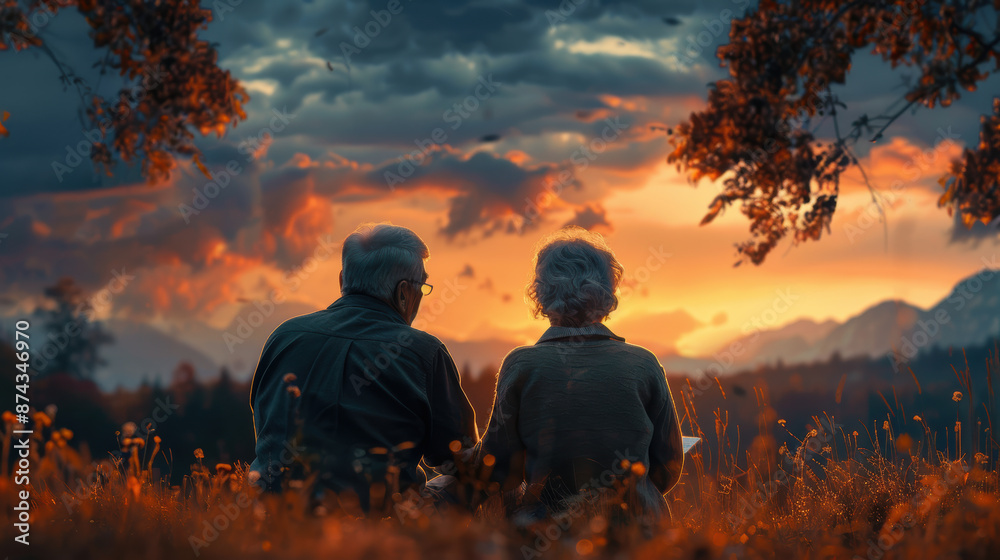 Obraz premium A couple of older people are sitting in a field and looking at the sunset