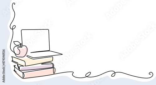 Books stack with notebook and apple over. Corner frame.