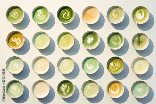 Assortment of matcha tea  and cappuccino in cups on white background. Top view