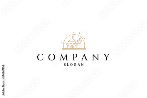 Photography luxury castle logo with decorated moon stars in line art design style