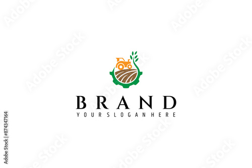 farming tractor logo with wheat combine in flat vector design style