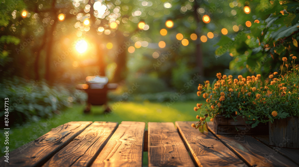 Wooden Table with Blurred BBQ in Garden Background for Summer Product Display Wooden Table with Blurred BBQ in Garden Background for Summer Product Display