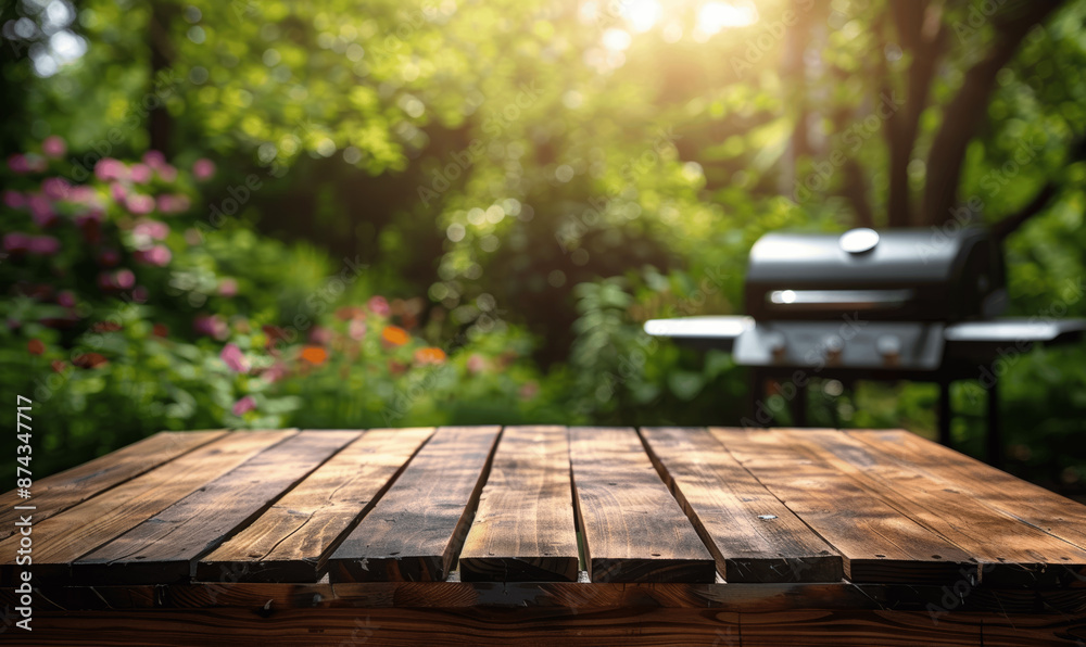 Rustic Empty Wooden Table for Product Display or Montage with Grilled Barbecue in Backyard Garden Park on Sunny Day