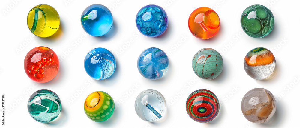 Fascinating glass spheres, each in unique colors and patterns, on a white background is a collection set, design elements, Top view, flat lay. Fascinating glass spheres, each in unique colors and patterns, on a white background is a collection set, design elements, Top view, flat lay.