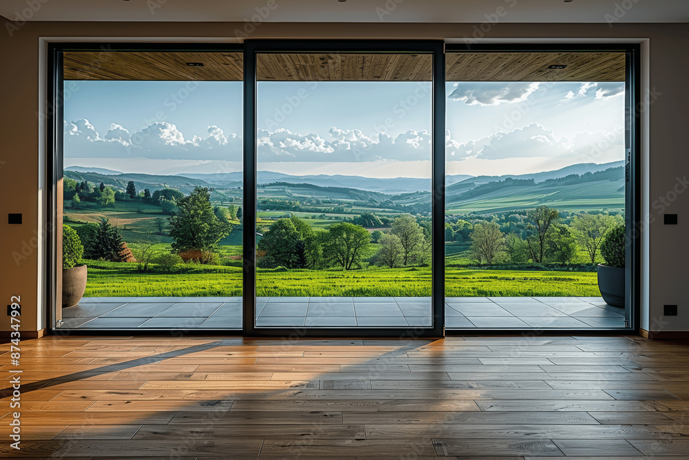 Modern empty room with large window and wooden floor, contemporary design, panoramic garden view, bright daylight Modern empty room with large window and wooden floor, contemporary design, panoramic garden view, bright daylight