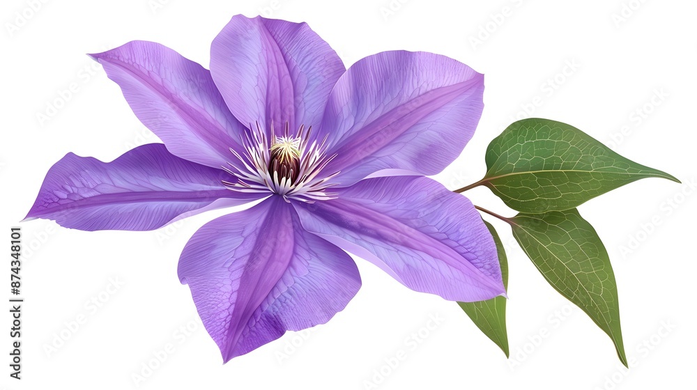 Vibrant Clematis Bloom with Detailed Petals and Lush Foliage in Isolated Setting Vibrant Clematis Bloom with Detailed Petals and Lush Foliage in Isolated Setting