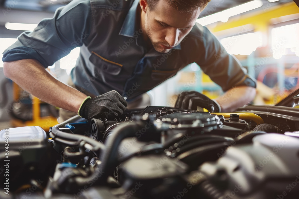 A man is working on a car engine A man is working on a car engine