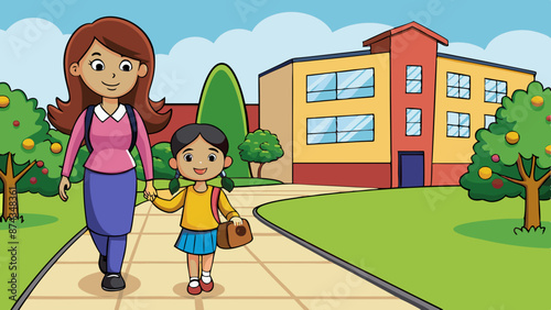 mother and her daughter comes to school