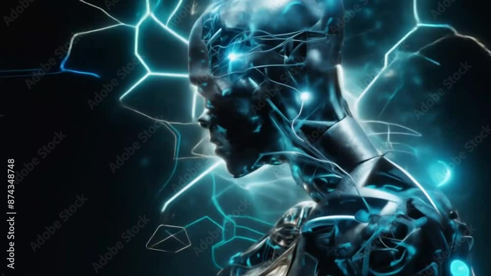 Futuristic human figure with glowing circuits and cybernetic features Futuristic human figure with glowing circuits and cybernetic features