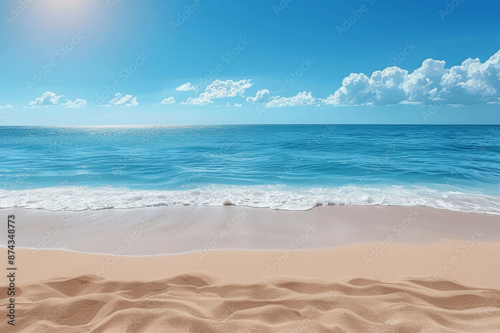 Tropical Paradise: White Sand Beach and Azure Sea Under Sunny Blue Skies - Perfect Summer Vacation Spot Tropical Paradise: White Sand Beach and Azure Sea Under Sunny Blue Skies - Perfect Summer Vacation Spot