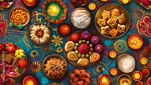 Vibrant Array of Traditional Diwali Sweets and on Brass Thali