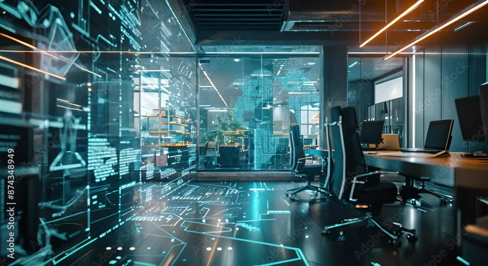 A futuristic office with a large glass window and a computer monitor. The room is filled with chairs and desks, and the walls are covered in blue and green screens. Scene is one of innovation