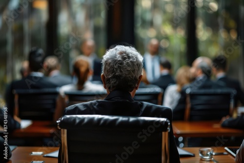 Headmaster meeting with school governors, decision-making concept, focus on, governance theme, realistic, fusion, boardroom backdrop