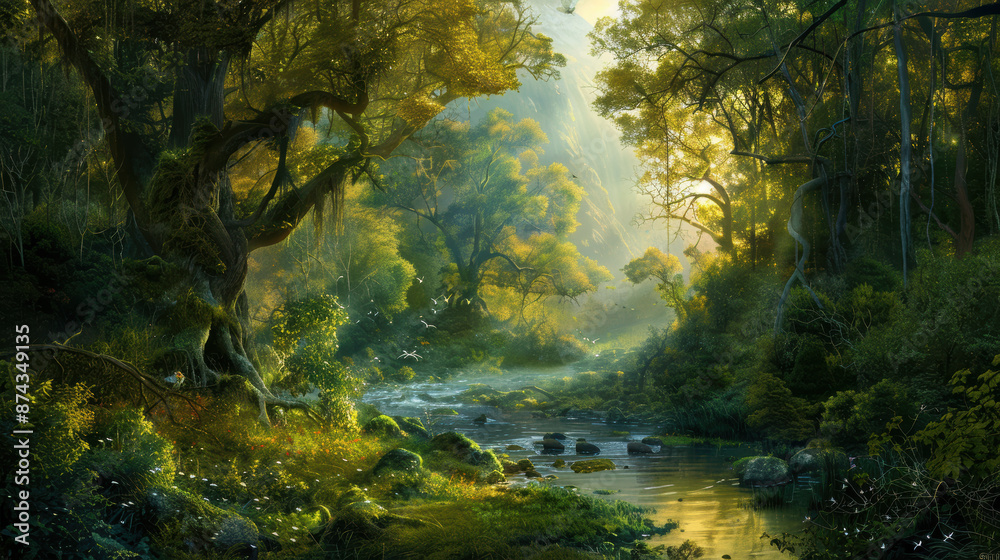 A painting of a forest with a river running through it A painting of a forest with a river running through it