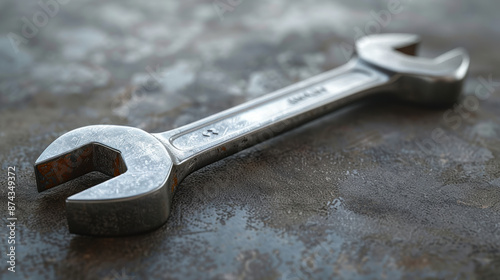 A rusty old wrench laying on a grey surface