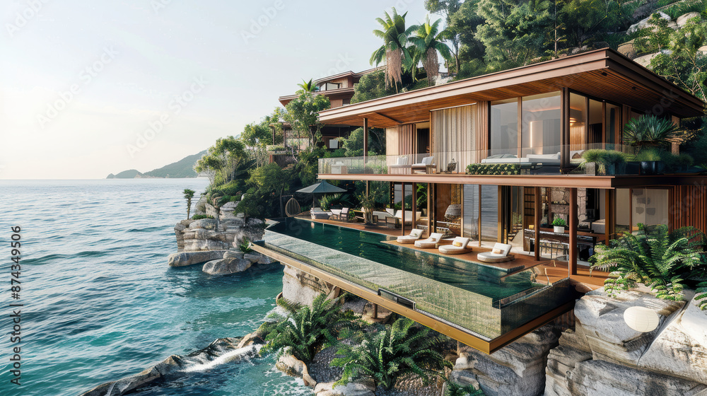 Fototapeta premium A large house with a pool and a balcony overlooking the ocean