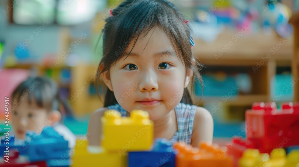 Kindergarten student participating in a group activity, teamwork concept, selective focus, social skills theme, dynamic, blend mode, activity room backdrop Kindergarten student participating in a group activity, teamwork concept, selective focus, social skills theme, dynamic, blend mode, activity room backdrop