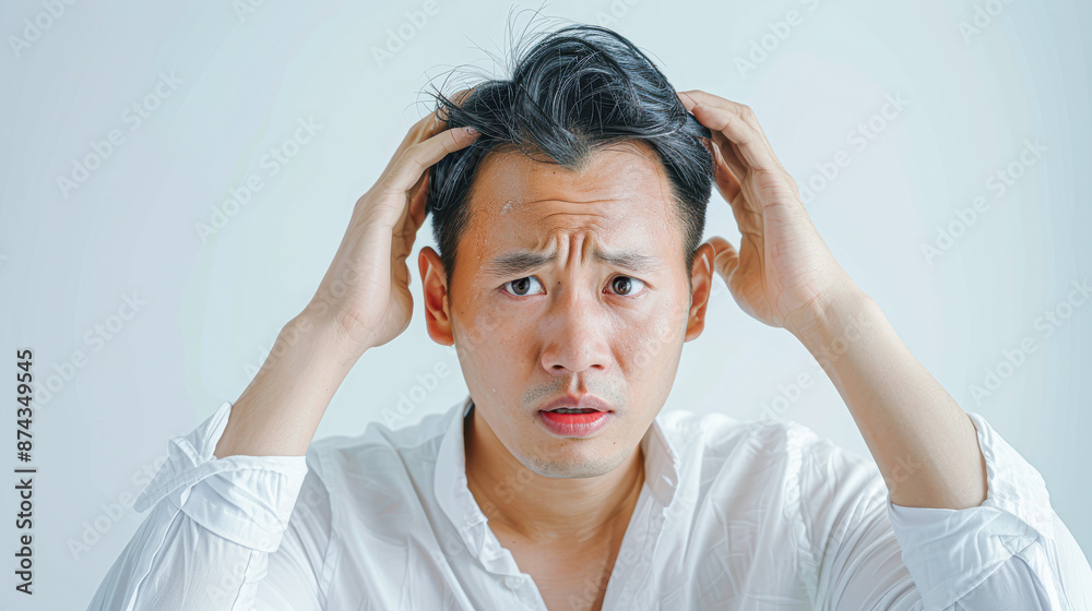 A man with a bald head is looking at the camera with a worried expression