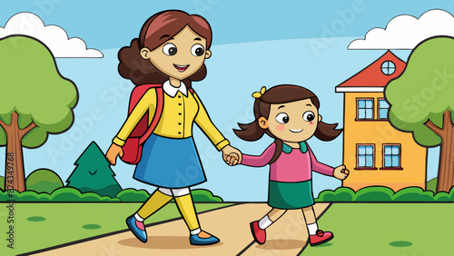mother and her daughter comes to school