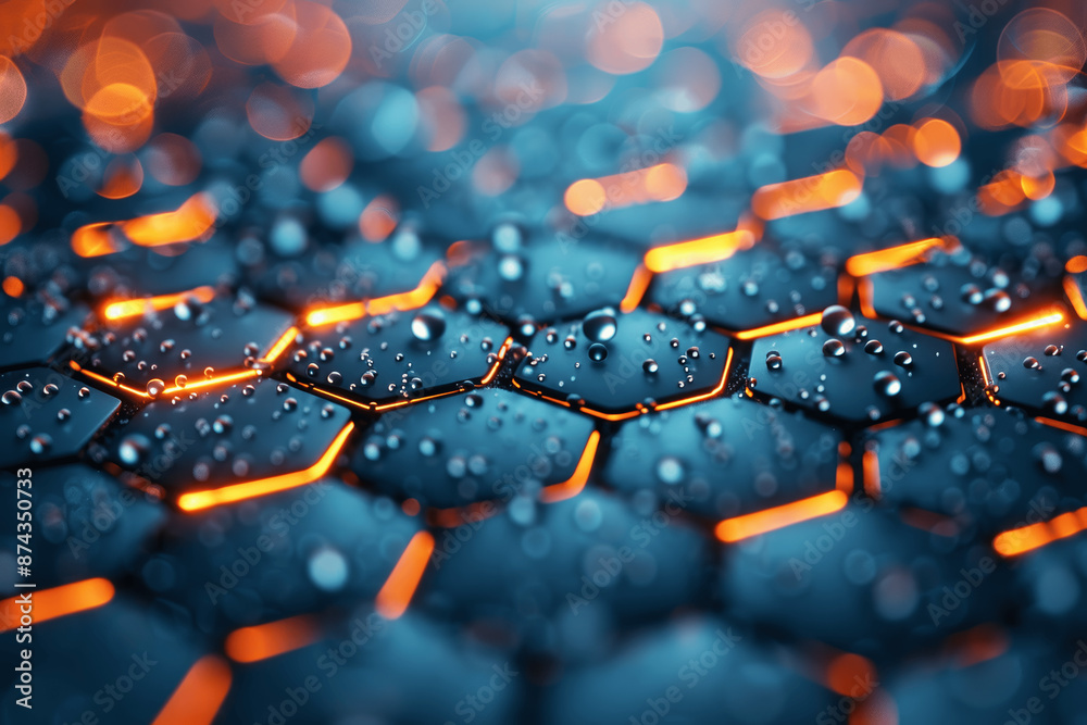 Obraz premium Blue-Hued Nanotech with Glowing Hexagonal Carbon Dots Symbolizing Biotechnology and Singularity