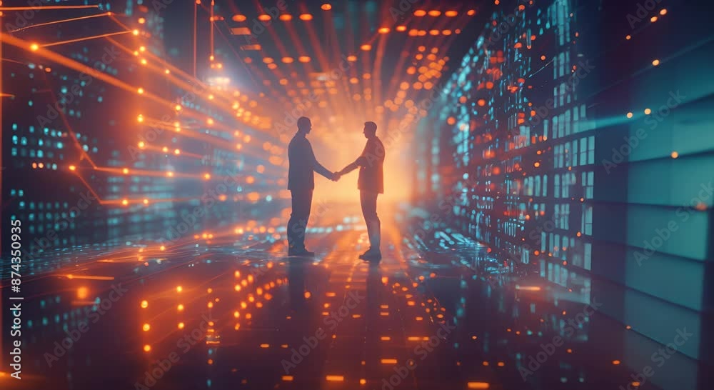 Two men shake hands in a futuristic setting. The scene is set in a ...