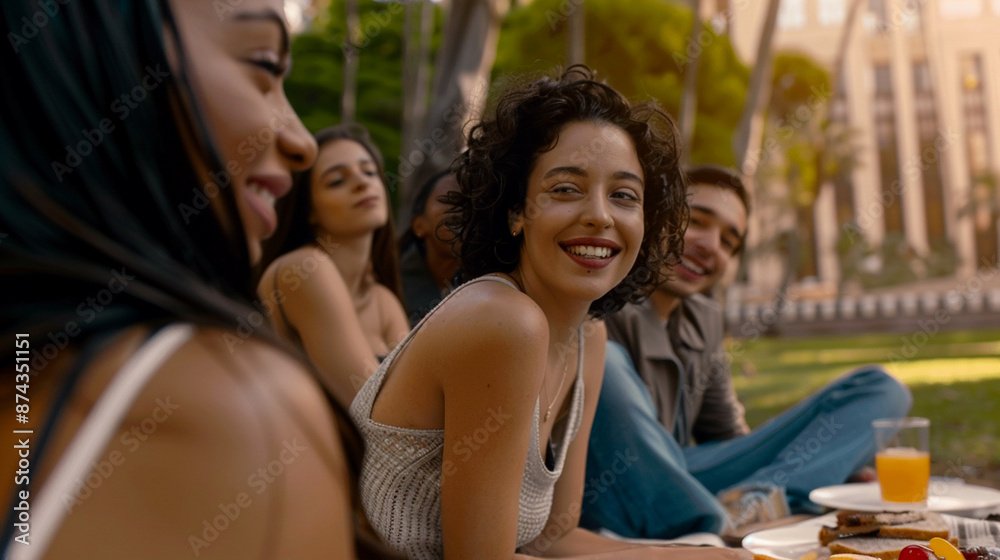 Obraz premium A group of people are sitting on a blanket and smiling