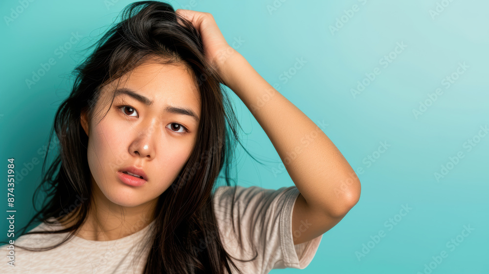 A woman with long hair is standing in front of a blue wall A woman with long hair is standing in front of a blue wall