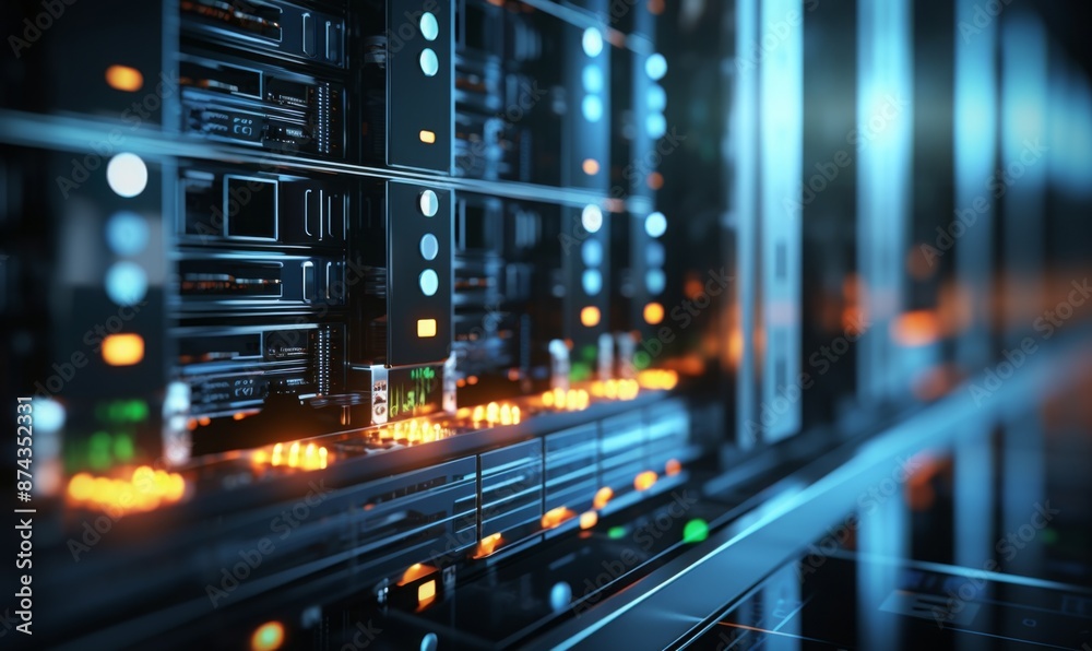 Camera slowly moving in data center showing server equipment with flickering light indicators, close up view. Seamlessly looped photorealistic 3D render animation.
Camera slowly moving in data center showing server equipment with flickering light indicators, close up view. Seamlessly looped photorealistic 3D render animation.