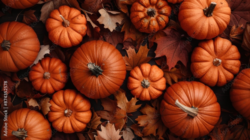 A bunch of orange pumpkins are scattered on a pile of orange leaves. Concept of autumn and harvest, with the pumpkins representing the bounty of the season A bunch of orange pumpkins are scattered on a pile of orange leaves. Concept of autumn and harvest, with the pumpkins representing the bounty of the season