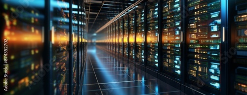 Obraz na płótnie Server room data center. Backup, mining, hosting, mainframe, farm and computer rack with storage information. 3d render 