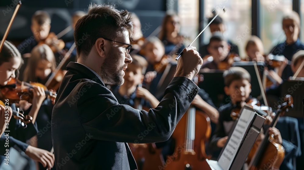 Fototapeta premium Music Educator Conducting School Orchestra for Educational Performance