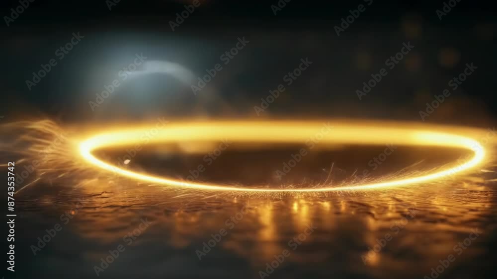 A mesmerizing scene featuring glowing orange circular light trails on a reflective surface during nighttime. The loops create a captivating, surreal ambiance with a dark background enhancing their