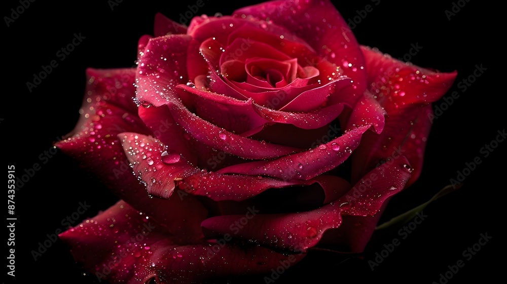 Naklejka premium Vibrant Red Rose with Captivating Dew Droplets in Closeup View